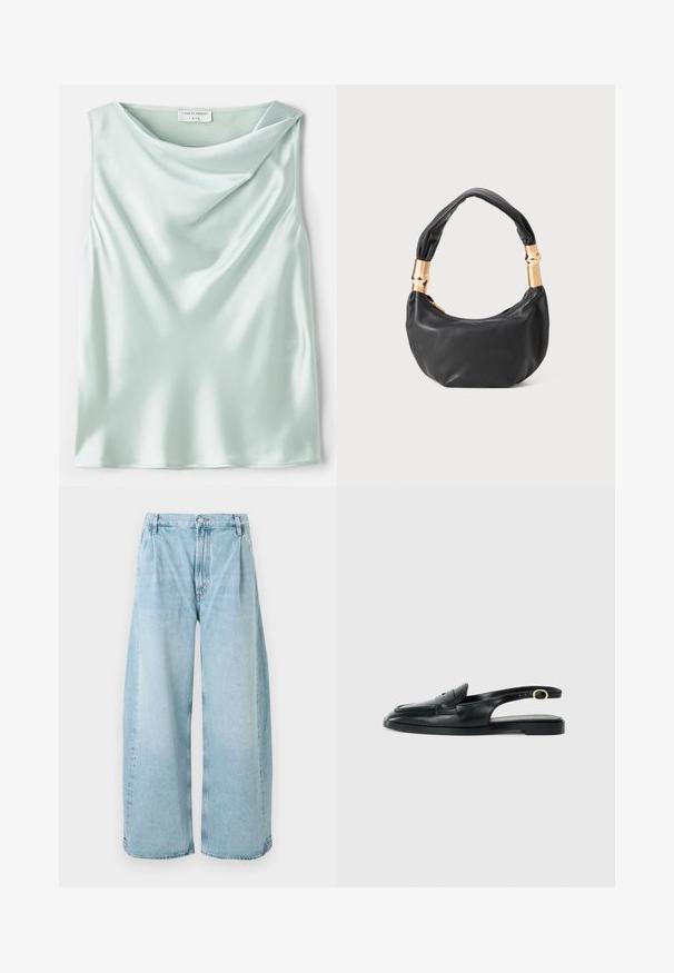 Top senza maniche in satin blu chiaro con scollatura drappeggiata e superficie liscia. Etichetta con la scritta "Tiger of Sweden 1993."; Pantaloni in denim blu chiaro a gamba larga con pince davanti, chiusura con bottone e orli dritti, caratterizzati da una texture sbiadita.; Scarpa slingback in pelle nera con punta arrotondata, suola piatta, taglio laterale e cinturino con dettaglio in hardware color oro.; Borsa a tracolla in pelle nera con una forma rotonda, texture morbida e manico annodato con dettagli in metallo dorato. Chiusura con zip.