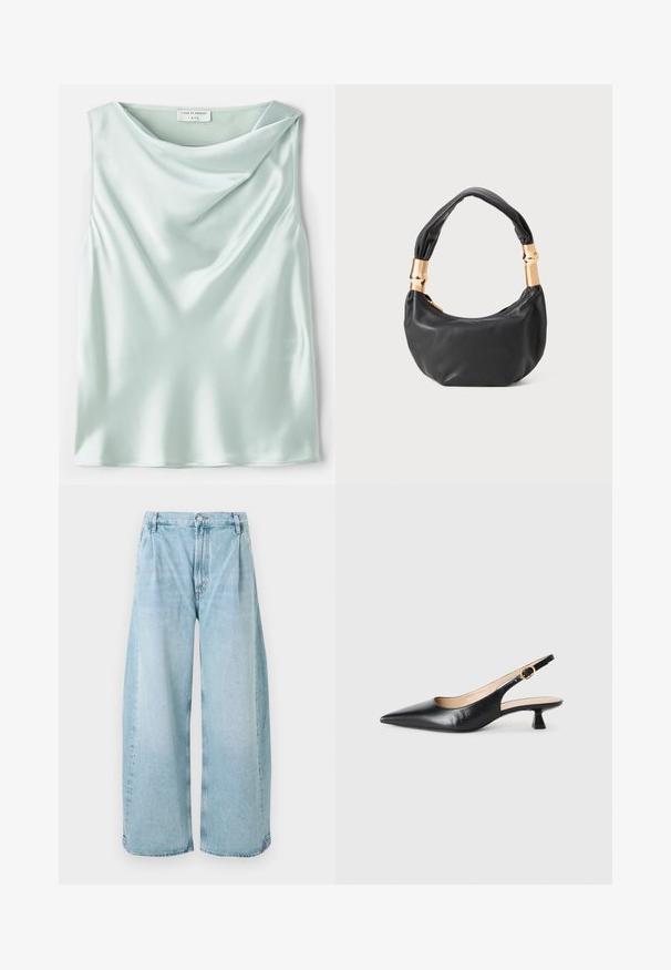 Šviesiai mėlynas satino be rankovių topas su drapiruotu apykaklės iškirpimu ir lygiu paviršiumi. Etiketėje parašyta "Tiger of Sweden 1993."; Šviesiai mėlynos plačios džinsinės kelnės su klostėmis priekyje, mygtuko uždarymu ir tiesiomis apdailomis, kurios pasižymi išblukusia tekstūra visame paviršiuje.; Juodas odinis kulniukų batelis su smailiu nosiu ir auksinėmis sagtimis šoninėje juostoje, ant balto fono.; Juodas odinis rankinukas apvalios formos, minkštos tekstūros su susietu rankena ir auksinės spalvos detalėmis. Užtrauktuko uždarymas.