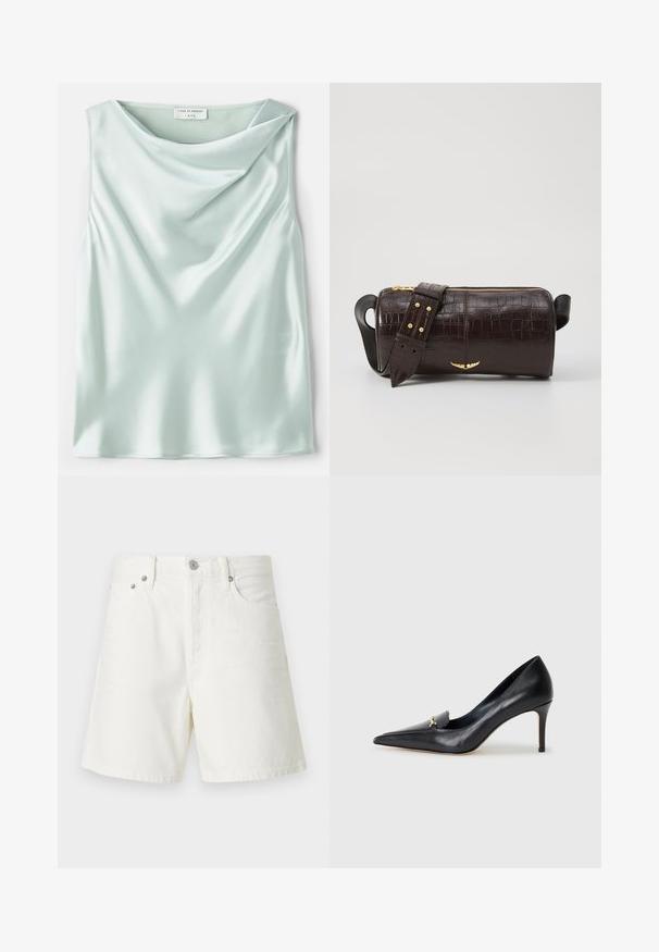 Jasnoniebieski satynowy top bez rękawów z drapowanym dekoltem w kształcie cynku i gładką teksturą. Metka głosi "Tiger of Sweden 1993."; Białe dżinsowe szorty o prostym kroju, z pięcioma kieszeniami, z przodu zapinane na guzik, z metalowym wykończeniem i przeszyciami.; Czarny skórzany czórek na wysokim obcasie z ostrym noskiem, niskim przodem i dekoracyjnym złotym akcentem. Posiada szpilkowy obcas oraz gładką fakturę.; Brązowa torba ze skóry z tłoczeniem krokodyla w kształcie cylindrycznym, z metalowymi elementami w kolorze złotym oraz odczepianym paskiem z ćwiekami.