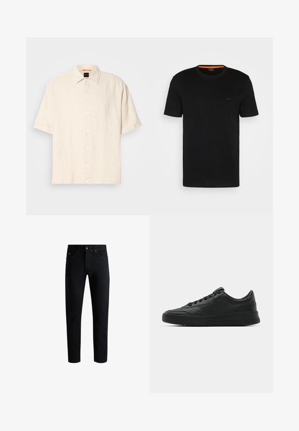 Camisa de linho creme de manga curta com fecho de botões, colarinho pontudo e corte descontraído. Apresenta seis botões e textura mínima.; T-shirt preta de manga curta feita de um tecido macio, com um decote redondo e um logo discreto na frente. A parte interior do colarinho tem um detalhe laranja.; Jeans pretos slim-fit com cinco bolsos, fecho de botão e passantes para cinto, exibidos contra um fundo branco.; Sapatilha preta com parte superior em couro liso, bico arredondado, cadarços planos, colarinho almofadado e design minimalista. Sola de borracha com padrão de tração discreto.
