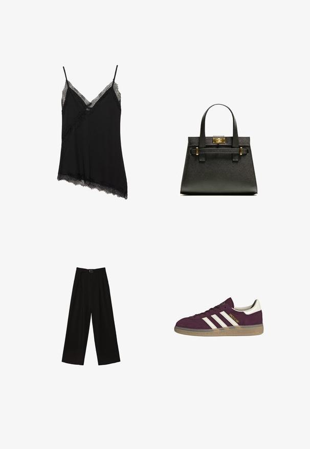 Black asymmetrical camisole with thin straps featuring delicate lace trim along neckline, diagonal seam, and hem.; Black wide-leg trousers with a high waist, featuring a belt at the waist and pleats for texture. Made from a smooth, lightweight fabric.; Maroon suede sneaker with white three stripes and beige accents. Features a textured rubber sole and gold branding on the side.; Black textured tote bag with short handles, featuring a gold clasp and accents. The design is structured, with a geometric silhouette.