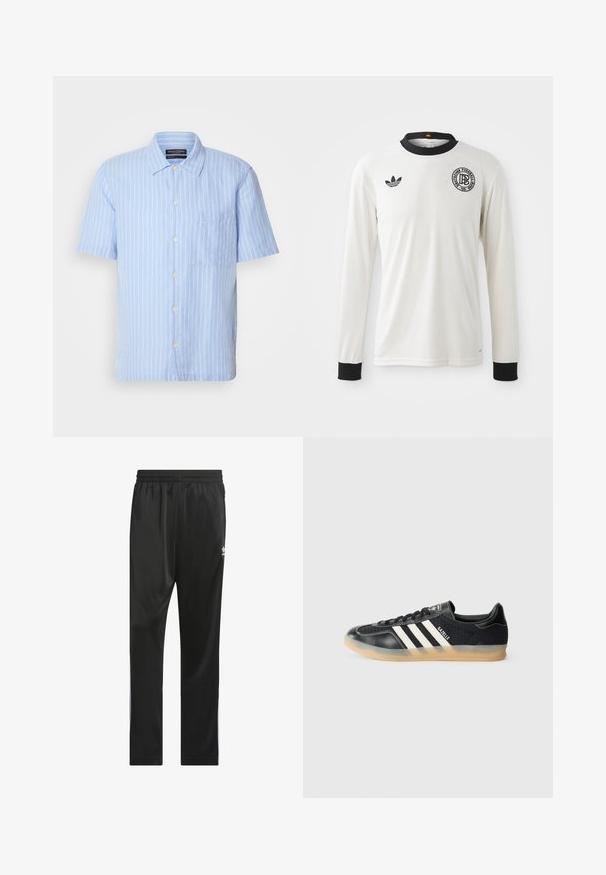 Marc O'Polo CAMP COLLAR SHORT SLEEVES ONE RECTANGULAR CHEST POCKET SLITS AT SIDE SEAMS - Srajca - multi homestead blue; Bela dolga majica za nogomet z ribasto teksturo, črnimi ovratnikom in manšetami, z črnim logotipom Adidas in krožno grafično emblem.; Črne atletske hlače iz gladkega, lahkega materiala. Imajo elastičen pas in bele stranske črte z logotipom na stegnu.; Črne športne copate z belimi črtami, teksturirana tkanina, gladek usnjen nos in gumijast podplat. Vsebuje logo na jeziku.