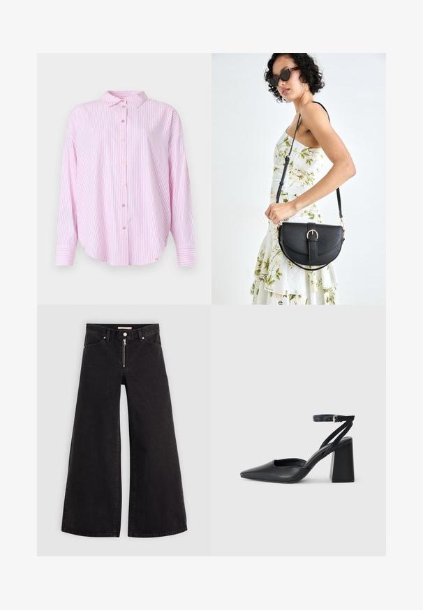 Svetlo roza majica z dolgimi rokavi, ki ima vertikalne bele črte, ovratnik in sprednje zapiranje na gumbe, ki izgledajo kot biseri.; Široke traperice iz črnega denima z zadrgo spredaj, petimi žepi in diskretnimi šivi. Gladka tekstura in ležeren slog.; Črne usnjene klasične čevlje z ostrim nosom, z zaponko za gleženj in debelim peto. Ravna tekstura, eleganten dizajn in minimalistična estetika.; Črna usnjena torbica s ukrivljeno obliko, z odstranljivo naramnico in zlatimi dodatki. Torbica ima pokrov s podrobnostmi v obliki zaponke.