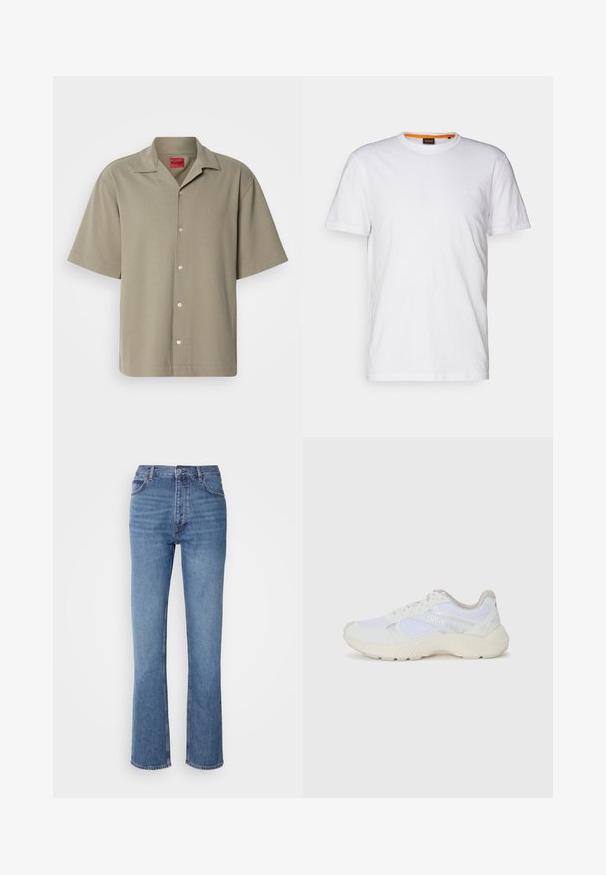 Srajca s kratkimi rokavi v khaki barvi z gumbi spredaj, mehka tekstura, ovratnik z rezejo in vtisnjenim logotipom. Klasična zasnova z udobnim krojem.; Bela bombažna majica s kratkimi rokavi in okroglim izrezom, z diskretnim reliefnim logotipom na prsih. Notranja oznaka ima oranžni akcent.; Modre kavbojke z visokim pasom, ravno krojenjem in rahlim bledenjem. Imajo klasičen pet-pocket stil in zapiranje na zadrgo.; Bela športna obuvala iz mrežastega in semiš materiala, z teksturiranim podplatom, teksturiranimi dodatki in logotipom "HUGO" na strani.