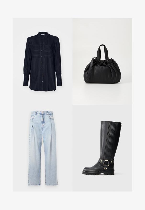 Navy blue button-up shirt with vertical white stripes, two chest pockets, and long sleeves. Features a classic collar and metallic buttons.; Light blue denim jeans with a high waist, wide-leg cut, two side pockets, and pleated design feature. Soft texture with a faded finish.; Black knee-high leather boot with elastic ribbing, lug sole, and decorative strap with gold-tone metal ring and rivets.; Black leather handbag with a gathered top design, featuring two short handles and a long adjustable strap. Smooth texture, rounded shape.