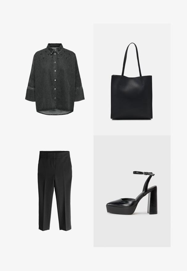 Juodas džinsinis marškinis su užsegimu priekyje, smailiu apykakle, trijų ketvirčių rankovėmis ir gėlėmis dekoruotomis išpjovomis, papuoštomis karoliukais.; Juodos, tamprios kelnės su plačiu elastingu juosmeniu. Turi tiesų kirpimą ir šoninius įpjovimus ties kulkšnimis, kad būtų lengviau judėti.; Juodi platforminiai aukšti kulniukai su smailiu kojų pirštu ir reguliuojamu kulkšnies dirželiu. Pagaminti iš lygaus odos, turi masyvų blokinį kulną.; Juodas odinis tote krepšys su lygia tekstūra, stačiakampio formos ir dviem ilgais rankenomis. Matomų metalinių detalių ar puošybos nėra.