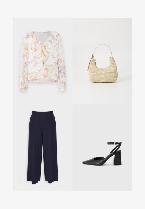 Blomstret bluse laget av lett stoff, med V-hals, volanger foran, lange ermer og en hvit bakgrunn med oransje og lilla blomster.; Bredde bukser i mørk marineblå stoff med ribbet tekstur. Har en glatt midje og en luftig silhuett, som når midt på leggen.; Svart lær pumps med spiss tå, ankelrem og kraftig hæl. Flat tekstur, strømlinjeformet design og minimalisme.; Vevd stråveske i beige med buet form, kort håndtak og glidelås på siden. Har teksturert overflate og minimalistisk design.