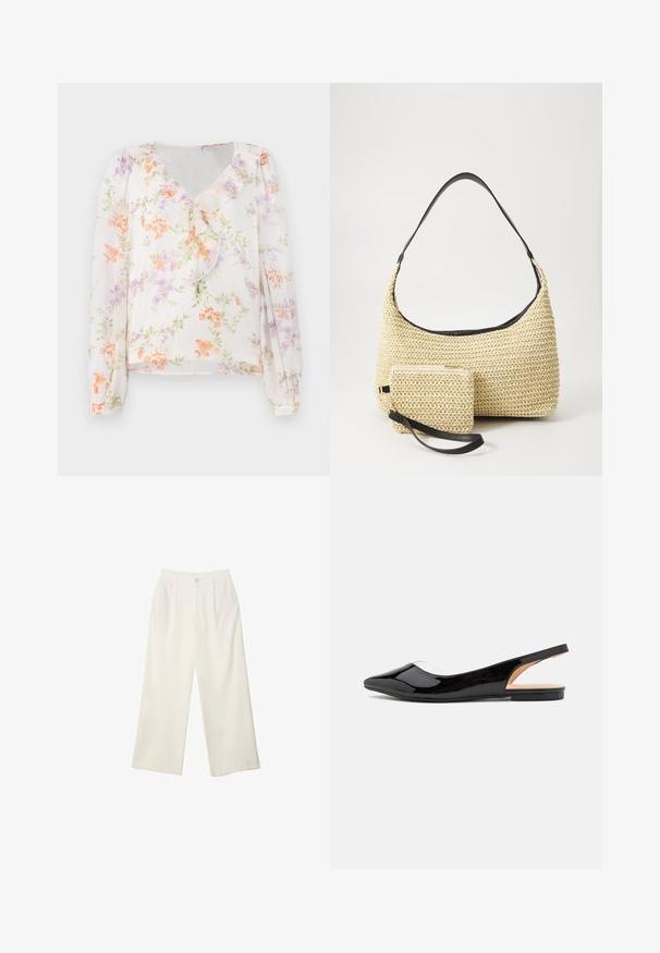 Bloes met bloemenpatroon gemaakt van lichtgewicht stof, met een V-hals, ruches aan de voorkant, lange mouwen en een witte achtergrond met oranje en paarse bloemen.; Brede broekspijpen in crème stof met een gladde textuur, voorzien van een enkele frontknop, subtiele plooien en een hoge taille.; Zwarte gepatineerde leren slingback ballerina's met een spitse neus, een doorzichtige zijpanelen en een platte zool, met een gladde, glanzende afwerking.; Geweven strohandtas met een gebogen silhouet, voorzien van een soepele zwarte leren schouderband en een bijpassend klein zakje dat is bevestigd met een polsband.