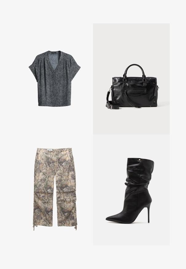 Blusa nera e bianca a maniche corte con scollatura a V, caratterizzata da un motivo testurizzato di forme astratte e delicate pieghe sulle spalle.; Pantaloni con motivo camouflage in tessuto leggero, con elastico in vita, tasche laterali e cordini regolabili alle caviglie.; Even&Odd Wide Fit Stivaletti con tacco - black; Borsa a tracolla nera in pelle con due manici corti e una tracolla removibile. Presenta una tasca frontale con zip e dettagli metallici. Superficie testurizzata.