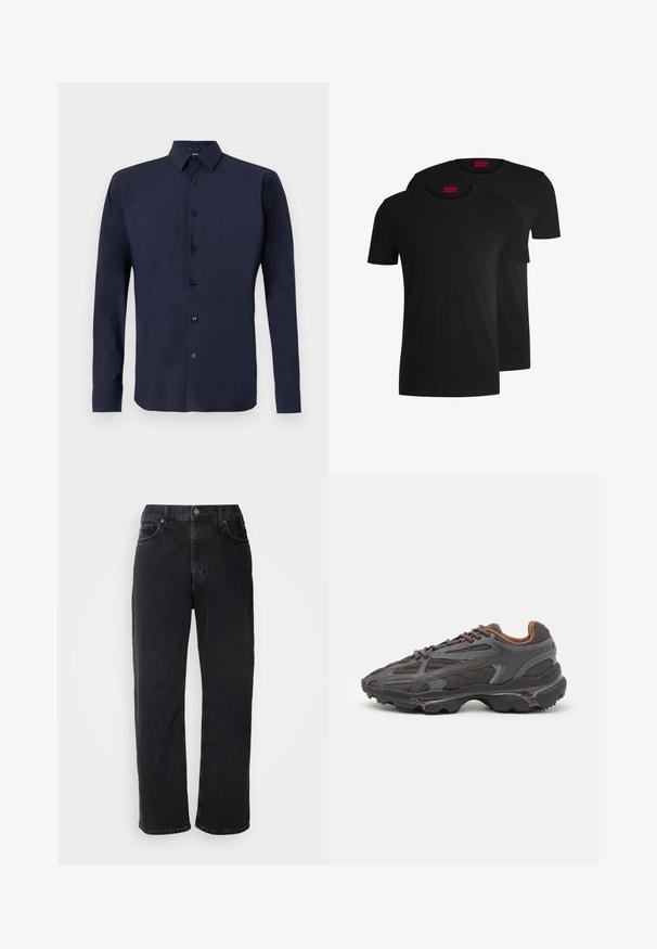 Tumesinine pika varrukaga särk, mis on valmistatud siledast kangast, omades nööpidega esiosa, struktureeritud kraed ja tumedat kontrastset nööpide seeriat.; Kaks musta puuvillast lühikeste varrukatega t-särki, millel on ümmargune kaelus. Mõlemal on kaeluse juures punane brändimärk. Lihtne ja klassikaline disain.; Mustad teksad sirge lõikega, viie taskuga ja kontrastsete õmblustega. Omab nööpkinnitust ja vöölõikeid.; Tumed hallid Lacoste tossud, mis on valmistatud võrkkangast ja sünteetilisest materjalist, omavad tekstureeritud talla ning pruune aktsente kaeluse ja brändingu juures.