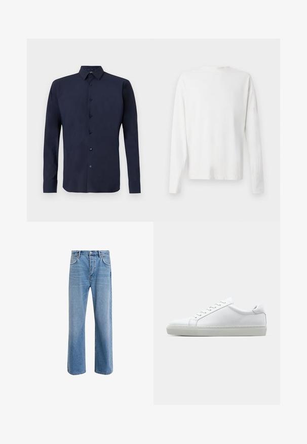 Mornarska majica z dolgimi rokavi iz gladkega materiala, z gumbom na sprednji strani, strukturiranim ovratnikom in temnimi gumbi za kontrast.; Bela bombažna srajca z dolgimi rokavi in okroglo ovratnikom, z bočnimi razporki na dnu in gladko teksturo, prikazana s hrbtne strani.; Svetlo modre denim kavbojke s ravno nogavico, petimi žepi, z gumbom za zapiranje, minimalnim zbledelostjo in kontrastnimi šivi.; Bela športna obutev z gladkim usnjenim zgornjim delom in nizkim profilom. Ima zaokrožen nos, šest lukenj za vezalke in teksturiran gumijast podplat.