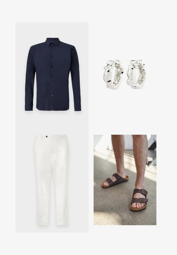 Jūrinės mėlynos spalvos ilgomis rankovėmis marškiniai, pagaminti iš lygios medžiagos, turintys mygtukų užsegimą priekyje, struktūruotą apykaklę ir tamsius mygtukus kontrastui.; Balti kelnės, pagamintos iš lengvos medžiagos, su tiesiais kojų siluetais, vienu rudu mygtuku ties liemeniu ir minimalizmo stiliumi.; Rudos odinės šlepetės su dviem reguliuojamais sagtimis, kamštiniu padu ir tekstūruota guma, dėvimos ant nuogų kojų ant betono grindų.; Sidabrinės auskarų žiedo formos auskarai su tekstūruotu, nereguliariu dizainu. Paviršius yra atspindintis, demonstruojantis kreives ir kontūrus. Vidinė erdvė yra tuščiavidurė.