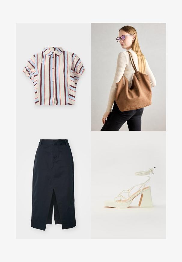 Korte mouw, met kraag overhemd met verticale strepen in beige, blauw en kastanjebruin. Voorzien van knoopsluiting aan de voorkant. Van een katoenmix.; Donker marineblauwe midi-rok van een katoenmix, met een valse split, verborgen rits en zijzakken voor functionaliteit.; Witte hoge hakken sandaal met een chunky hak, met een bandjesontwerp en enkelband. Gladde textuur met een plateau voor extra hoogte.; Bruine suède totebag met zachte textuur, grote opening en lange hengsels. Het heeft een eenvoudig ontwerp met zichtbare stiksels en geen hardware.