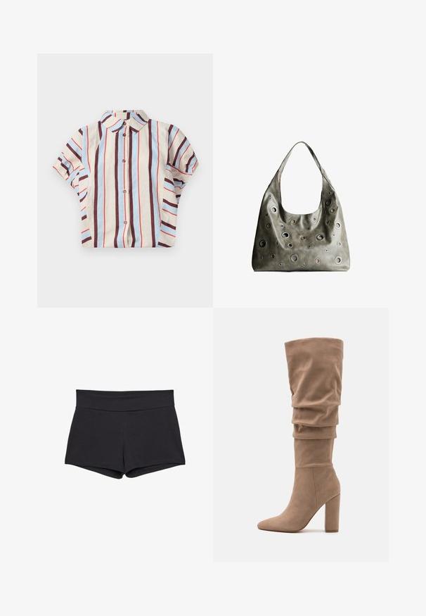 Short-sleeve, collared shirt featuring vertical stripes in beige, blue, and maroon. Includes button closure down the front. Cotton blend fabric.; Black, fitted shorts with a wide waistband, made of a soft, stretchy fabric. Hemlines are smooth with no visible fastenings or patterns.; Anna Field Boots - beige; Olive green leather handbag with a slouchy design, featuring various sized circular cutouts and accents in darker and lighter shades.