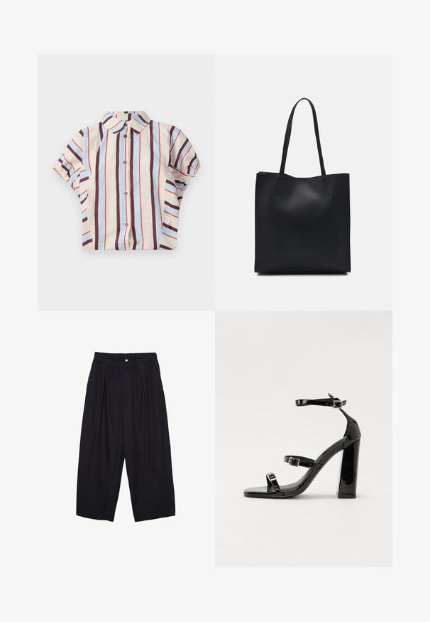 Kratke rokave, srajca s ovratnikom, ki ima vertikalne črte v bež, modri in burgundski barvi. Ima gumbasto zapiranje spredaj. Iz bombažne mešanice.; Črne poliesterske culotte hlače z elastičnim pasom, dvema sprednjima nabiranjema in ohlapnim krojem. Brez vidnih vzorcev ali kovinskih detajlov.; Črne lakirane sandale s peto, kvadratnim prstom, trakovi okrog gležnja in srebrnimi zaponkami. Opremljene so s stabilno Debelo peto.; Črna usnjena torba s svilnato teksturo, pravokotne oblike in dvema dolgima ročajema. Brez vidnih metalnih delov ali okrasnih elementov.