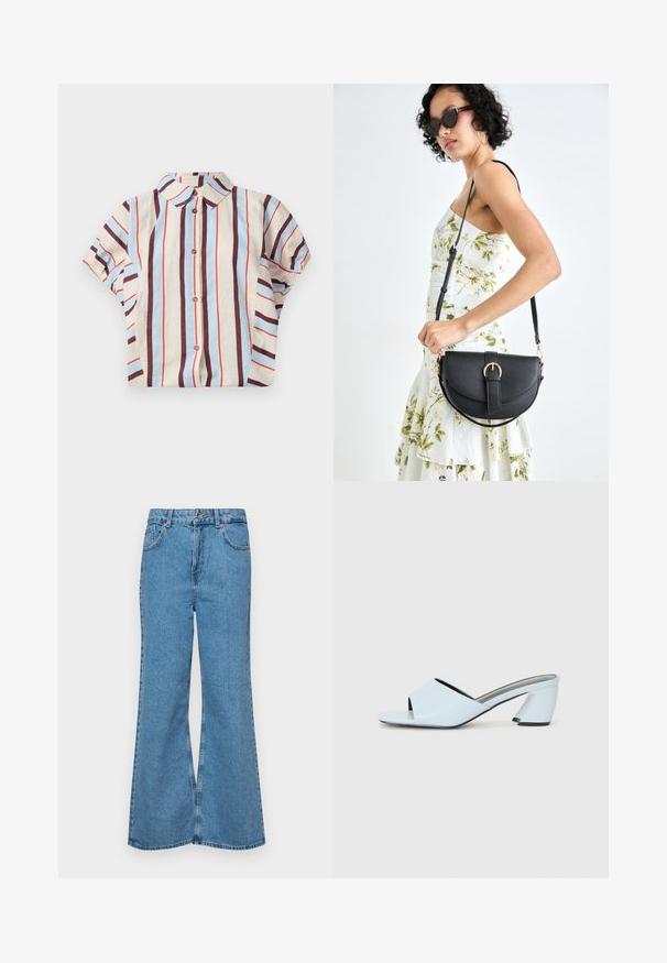 Chemise à col et manches courtes avec des rayures verticales beige, bleues et bordeaux. Comprend une fermeture à boutons sur le devant. Tissu en mélange de coton.; Jean flare bleu clair en denim, avec une taille haute, cinq poches et une fermeture à un bouton. Texture douce avec une finition décolorée.; Mules à talons ouverts bleu clair avec un design géométrique, dotés d'une large bride sur le pied et d'un talon épais et angulaire.; Sac à main en cuir noir avec une forme courbée, bandoulière amovible et des accessoires en or. Le sac est doté d'un rabat avec un détail de boucle.