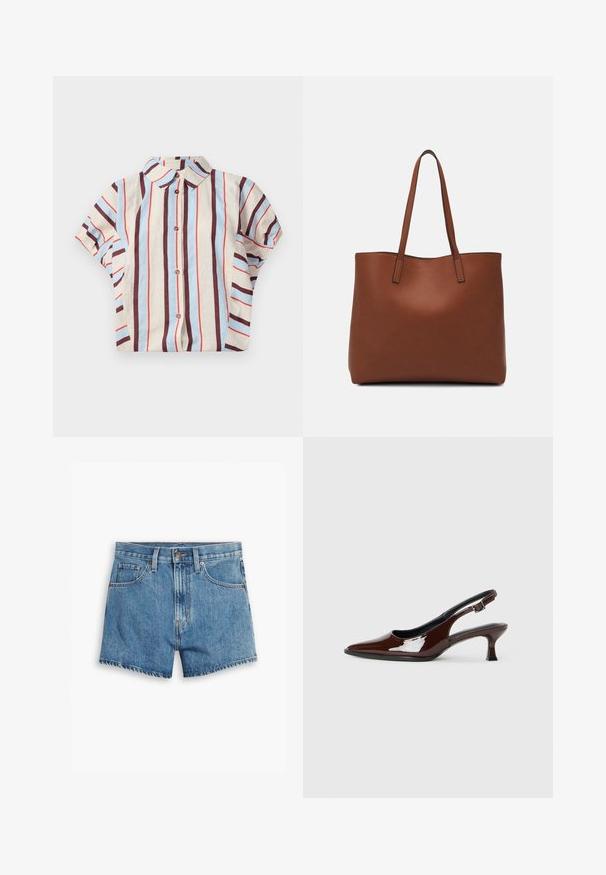 Kurzärmeliges, mit Kragen versehenes Hemd mit vertikalen Streifen in Beige, Blau und Maroon. Mit Knopfverschluss an der Vorderseite. Baumwollmischgewebe.; Hellblaue Denim-Shorts mit fünf Taschen, einem Reißverschluss und einem Knopfverschluss. Der Saum ist fransig und das Design bietet eine lässige Passform.; Braune Lackleder-Slingback-Schuhe mit spitzer Zehe und moderatem Absatz. Mit einem Schnallenriemen für einen sicheren Sitz. Glatte Textur.; Braune Leder-Tote mit glatter Textur, offenem Oberteil und zwei Schulterriemen. Verfügt über minimale Nähte und keine sichtbaren Beschläge.