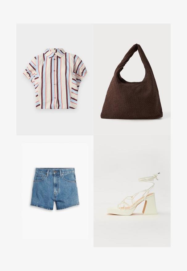 Chemise à col et manches courtes avec des rayures verticales beige, bleues et bordeaux. Comprend une fermeture à boutons sur le devant. Tissu en mélange de coton.; Shorts en denim bleu clair, comportant cinq poches, un zip et un bouton de fermeture. L'ourlet est effiloché, avec une coupe décontractée.; Sandale blanche à talons hauts avec un talon épais, présentant un design à lanières et un lien autour de la cheville. Texture lisse avec une plateforme à l'avant pour une hauteur supplémentaire.; Sac tissé marron avec une forme décontractée, une poignée en boucle unique et une surface texturée. Le design présente un style hobo sans matériel supplémentaire.