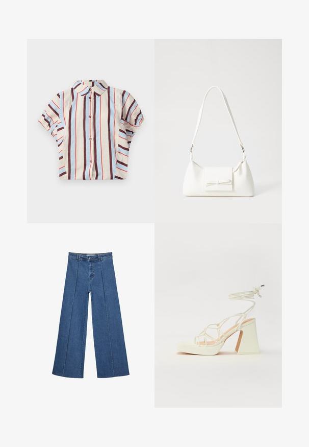 Camicia a maniche corte con colletto, caratterizzata da righe verticali in beige, blu e bordeaux. Include chiusura con bottoni sul davanti. Tessuto in misto cotone.; Jeans in denim a gamba larga di blu medio, con vita alta, chiusura con bottone e dettagli delle cuciture verticali a contrasto lungo la parte anteriore.; Sandalo bianco con tacco alto, caratterizzato da un design a cinturini e un legaccio alla caviglia. Texture liscia con una piattaforma frontale per un'altezza aggiuntiva.; Borsa sintetica bianca a forma triangolare, con patta anteriore piatta e dettaglio a fiocco, tracolla regolabile, texture liscia e design minimalista.