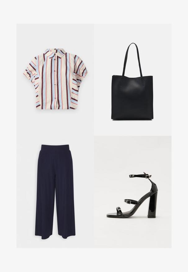 Short-sleeve, collared shirt featuring vertical stripes in beige, blue, and maroon. Includes button closure down the front. Cotton blend fabric.; Wide-leg trousers in dark navy fabric with a ribbed texture. Features a smooth waistband and a flowy silhouette, reaching mid-calf length.; Black patent heeled sandals with a square toe, ankle straps, and silver buckles. Features a chunky block heel for stability.; Black leather tote bag with smooth texture, rectangular shape, and two long handles. No visible hardware or embellishments.