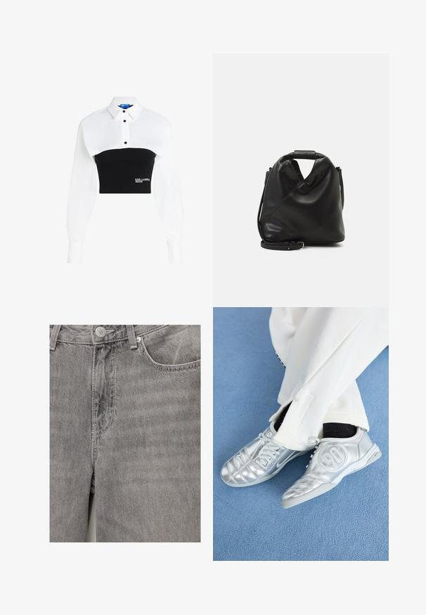 Geknipt shirt met een witte kraag bovenaan en een zwarte fitted onderkant, met knoopdetails en het "KARL LAGERFELD JEANS" logo aan de voorkant.; Grijze denim jeans met een gladde textuur, voorzien van een sluiting met een voorknoop en rits, zijzakken en subtiele stikdetails.; Zilveren sportschoenen met een gladde, glanzende afwerking, voorzien van een gestikt ontwerp en het nummer 90 aan de zijkant, gecombineerd met witte broek.; Zwarte, zachte leren tas met een unieke gedraaide vorm. Voorzien van een korte handgreep en een afneembare schouderriem. Minimalistische stijl.