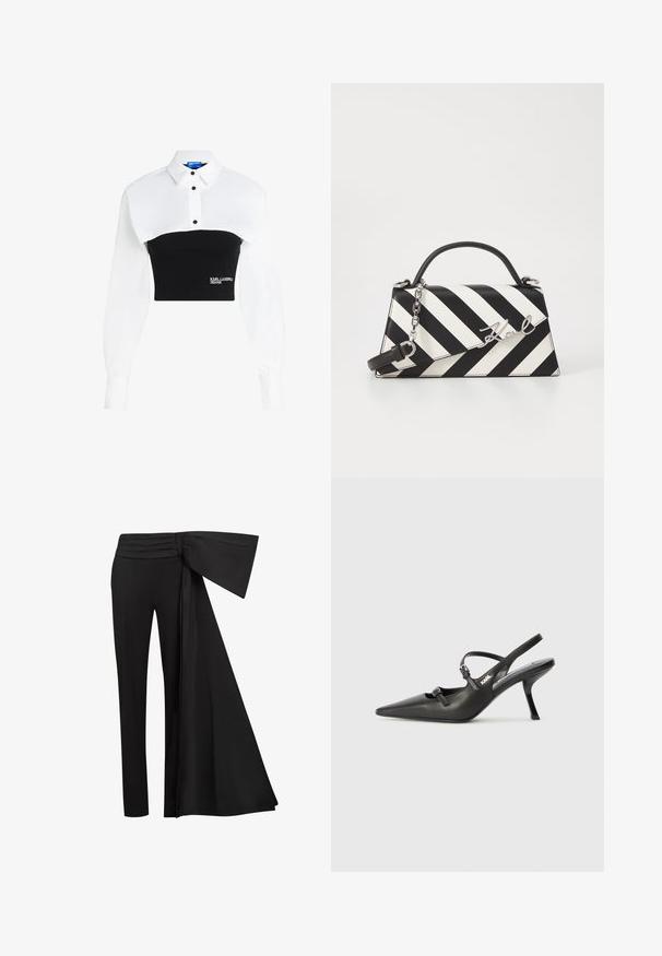 Cropped shirt featuring a white collared top and black fitted bottom, with button detailing and "KARL LAGERFELD JEANS" logo on the front.; Black trousers with a wide, draped sash detail at the waist. Smooth fabric, straight leg cut, and pleated waistband.; Black leather slingback heels with a pointed toe, slender heel, and decorative buckle detail on the vamp. Smooth texture and sleek design.; Black and white striped handbag with a structured shape, featuring a top handle, a detachable chain strap, and metallic logo accent.