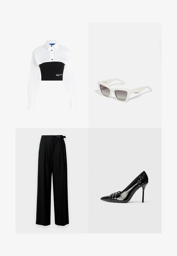 Camisa recortada que presenta una parte superior blanca con cuello y una parte inferior negra ajustada, con detalles de botones y el logo "KARL LAGERFELD JEANS" en la parte delantera.; Pantalones de pierna ancha negros con cintura alta, pliegues en la parte delantera y un cinturón con hebilla. Confeccionados con una tela suave y liviana.; Zapato de tacón stiletto de charol negro con punta afilada, tres correas decorativas con tachuelas y la marca "Karl Lagerfeld" en el tacón.; Gafas de sol blancas de gran tamaño con un acabado mate, diseño angular, lentes gradiente gris y un sutil logo en la patilla.