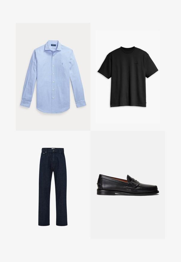 Světlomodrá košile na knoflíky s kostkovaným vzorem, dlouhými rukávy, špičatým límečkem a malým vyšívaným logem na hrudi.; Černé bavlněné tričko s kulatým výstřihem a krátkým rukávem. Má decentní logo na přední straně a rovný lem. Jednoduchý a minimalistický design.; Tmavě modré džíny s vysokým pasem, rovnými širokými nohavicemi, předními kapsami a kovovým zapínáním. Klasický design s pěti kapsami.; Černé kožené mokasíny s hladkým povrchem, zaoblenou špičkou a ozdobným páskem přes horní část. Mají nízkou černou podrážku.