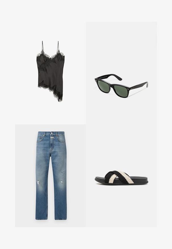 Schwarzes Camisole mit zartem Spitzenbesatz entlang der Kanten, asymmetrischem Design, verstellbaren Trägern und glattem satinähnlichem Stoff.; Graues Baumwoll-T-Shirt mit kurzen Ärmeln, rundem Halsausschnitt und lässiger Passform. Die Oberfläche ist glatt, die Nähte sind entlang der Kanten sichtbar.; Helleblaue Jeans aus Denim mit lockerer Passform, versehen mit zerstörten Stellen und einem Reißverschluss. Klassisches Fünf-Taschen-Design und gerade Beine.; Schwarze und cremefarbene, gewebte Riemensandale mit flacher Gummisohle, ausgestattet mit zwei überkreuzten, geflochtenen Riemen aus weichem, strukturiertem Material.; Schwarze Plastiksonnenbrille mit grünen Gläsern, quadratischen Rahmen, silbernem Akzent auf der Augenbraue und strukturierten Bügeln. Angegebene Marke auf dem inneren Bügel.; Rechteckige Schultertasche mit schwarzem und beigem Schlangenledermuster, langem, geschlungenem Tragegurt und Reißverschlussverschluss an der Oberseite.