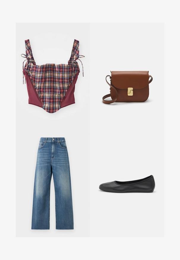 Kockovaný crop top s bordovými panelmi, nastaviteľnými šnúrkami na viazanie a kockovanou textúrou. Obsahuje malé logo v strede prednej časti.; Džíny s vysokým pásom a širokými nohavicami vyrobené z modrej denimovej látky s vyblednutým povrchom. Vlastnosti zahŕňajú predné vrecká a jedno gombíkového zapínania.; Čierne kožené baleríny s okrúhlou špičkou, hladkým povrchom, minimálnym prešívaním a flexibilným dizajnom podrážky.; Hnedá kožená kabelka s klopou, zlatými kovovými prvkami, ramenným popruhom a hladkým povrchom. Kompaktný obdĺžnikový tvar.