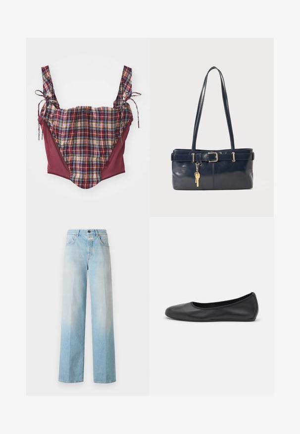 Ruutuvisio ylösleikkaus burgundin paneelien kanssa, säädettävillä solmittavilla olkaimilla ja ruutukuvioisella pinnalla. Edessä keskellä on pieni logo.; Vaaleansiniset farkut leveillä lahkeilla, joissa on haalistunut gradientti, klassinen viisi-taskumalli ja metallinen nappisulku.; Musta nahkainen ballerina, jossa on pyöristetty kärki, sileä pinta, minimaalinen ommelkoristelu ja joustava pohjamuotoilu.; La handbagin sininen nahka, jossa on kaksi pitkää kahvaa, Buckle-yksityiskohta ja avaimenperä kiinnitettynä. Sen pinta on sileä ja muoto on suorakulmainen.