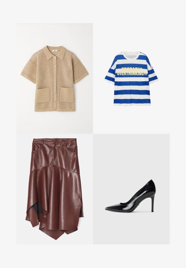 sandro Paitapusero - sable; Puuvillane t-särk, millel on sinised ja valged horisontaalsed triibud. Esiküljel on julgelt kollane tekst "ILMSELGELT ÜLE MÕTLEMINI" ja naerunäo graafika. Lühikesed varrukad.; Ruskea tekonahkainen hame, jossa on leikkaamaton, epäsymmetrinen helma, kahdella etutaskulla ja sileällä, kiiltävällä pinnalla.; Mustat lakatut nahkakengät, joissa on teräväkärkiset ja korkea kapea korko, valkoista taustaa vasten.