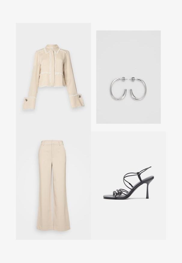 Cropped beige jacket made of soft fabric, featuring white fringe accents along the edges and large decorative buttons on the cuffs.; Beige wide-leg trousers with a smooth texture, featuring a high waistband and two front pockets. Clean design with a tailored fit.; Black high-heeled sandals feature thin straps with a knotted design, a smooth square toe, and a sleek stiletto heel.; Silver hoop earrings with a smooth, shiny finish. Rounded shape, lightweight design, featuring a post-back closure.