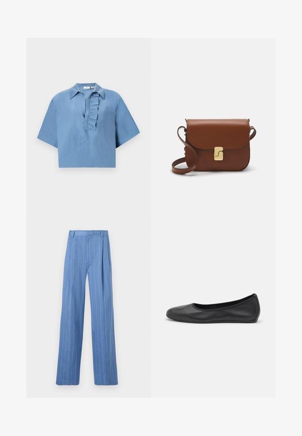 Īsām piedurkņu zils krekls, izgatavots no gludas auduma, ar pogājamu apkakli un ruflētu plati gar priekšpusi. Īss dizains.; Balta īsām piedurknēm T-krekls, izgatavots no ribota auduma. Apaļš izgriezums, regulāra piegriezuma un diskrēti šuvumu detaļas. Bez printiem vai grafikām.; Gaiši zili platajā kāja bikses ar vertikālām balta līnijām. Izgatavotas no gluda materiāla, ar priekšējo kroku un vienkāršu jostas dizainu.; Melna ādas baleta kurpe ar noapaļotu purngalu, gludu tekstūru, minimālu šuvju detalizāciju un elastīgu zoles dizainu.; Bordo ādas rokas soma ar atloku, zeltītām detaļām, plecu siksnu un gludu virsmu. Kompakta, taisnstūrveida forma.