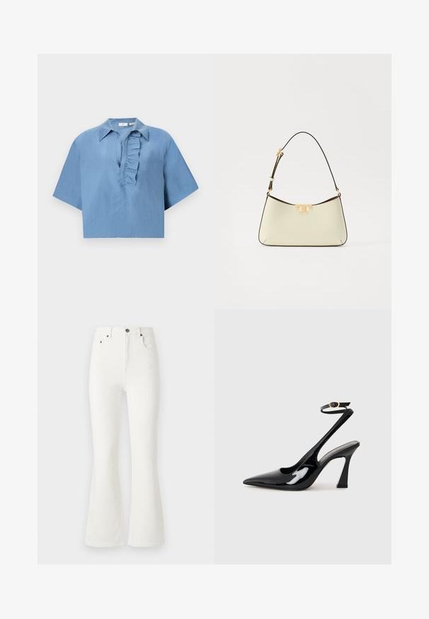 Trumpu rankoviu, mėlyna marša pagaminta iš glotnaus audinio, su mygtukų apykakle ir raukšlėtu plokščiu priekiniu dizainu. Trumpas modelis.; Balti išplėsti džinsai, pagaminti iš džinsinio audinio. Aukštu juosmeniu su priekinėmis kišenėmis ir sagčių uždarymu. Lygus paviršius ir minimalūs siuvimo detalės.; Juodai lakuoti slingback aukšti kulniukai su smailiu nosiu, reguliuojama čiurnos juostele ir vidutinio dydžio blokiniu kulnu. Lygus paviršius su blizgiu apdaila.; Kremos spalvos odinė rankinė su kreiva forma. Savybė - auksinės spalvos logotipo akcentas ir plona, reguliuojama tamsi dirželis.