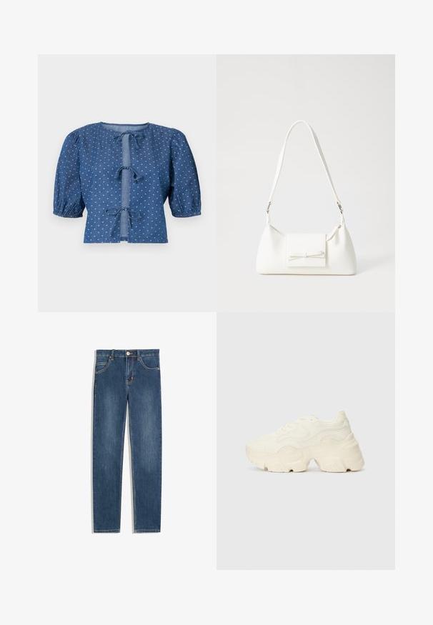 Denim blouse in dark blue with puffed sleeves, featuring tie closures and a subtle pattern of small white diamonds throughout.; Dark blue denim jeans with a straight fit, five pockets, subtle stitching detail, and a metal button at the waist.; Chunky white sneakers made of textured mesh and synthetic materials, featuring a thick sole and intricate pattern details along the sides.; White synthetic handbag with a triangular shape, flat front flap and bow detail, adjustable strap, smooth texture, and minimalistic design.