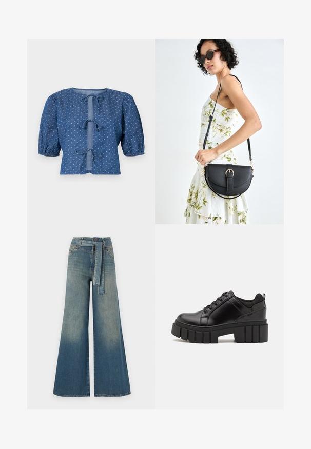Džínová blůza v tmavě modré barvě s balónovými rukávy, s vázáním a jemným vzorem malých bílých diamantů po celém povrchu.; Džínové kalhoty širokého střihu s přechodem od světlé k tmavě modré, vysokým pasem, poutky na opasek a odpovídajícím opaskem ze stejného materiálu. Texturovaná džínovina.; Černé kožené platformové boty s masivním blokovým podpatkem, kulatou špičkou a tradičním šněrováním. Mají hladký povrch a minimální detaily.; Černá kožená kabelka s křivkovým tvarem, odnímatelným popruhem a zlatými detaily. Kabelka má klopu s přezkou.