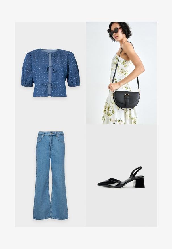 Denim blouse in dark blue with puffed sleeves, featuring tie closures and a subtle pattern of small white diamonds throughout.; Light blue flared jeans made of denim, featuring a high waist, five pockets, and a single button closure. Soft texture with faded finish.; Black patent leather slingback heels with a pointed toe and a geometric block heel. Features a sleek, minimal design and smooth texture.; Black leather handbag with a curved shape, detachable strap, and gold hardware. The bag features a flap with a buckle detail.