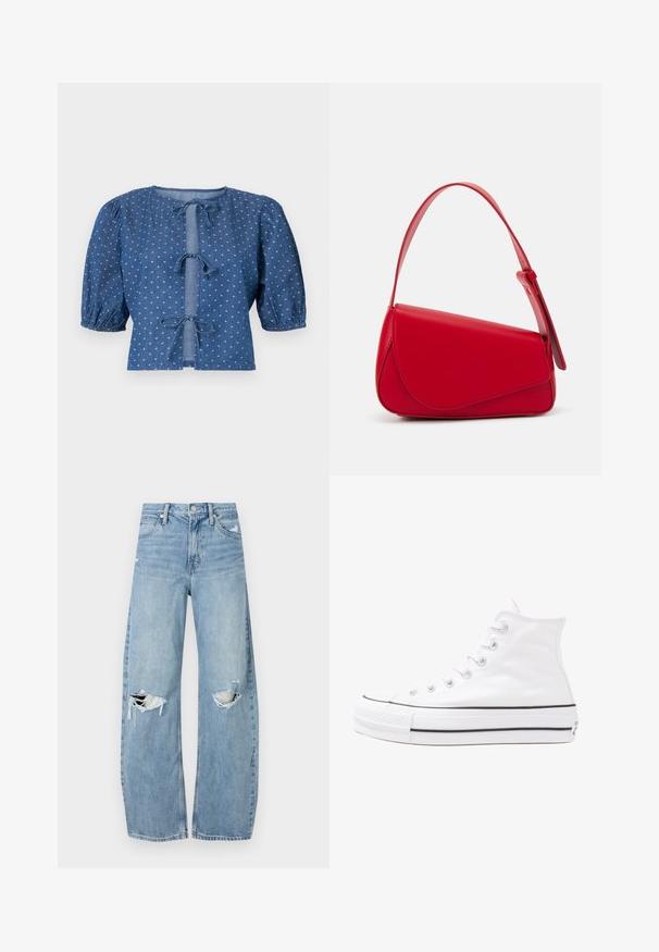 Mørkeblå denimbluse med puffermer, som har knytinger og et subtilt mønster av små hvite diamanter gjennom hele.; Lyseblå høytlivsjeans laget av denim. Har vide bein, to revne knær og klassisk fem-lommers design.; Hvit høy-skinn kanvas sneakers med svart gummisåle, gummitåhette foran og seks hull for snorer, med et rent, minimalistisk design.; Rød lærveske med en vinklet, geometrisk design. Har en enkelt justerbar stropp og en klaffelukking med sydd detaljer.