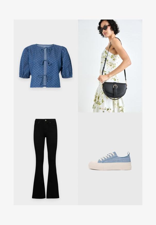 Bluză din denim de culoare albastru închis cu mâneci bufante, având închideri cu fundițe și un model subtil de mici diamante albe pe întreaga suprafață.; Jeans negri cu talie înaltă, cu închidere prin nasture și fermoar, buzunare frontale și picioare evazate, așezați pe un fundal alb.; Sneakers din pânză de culoare albastru deschis, cu vârf și talon din cauciuc crem, având șireturi albe și un maner pe călcâi.; Geantă din piele neagră, cu o formă curbată, curea detașabilă și accesorii aurii. Geanta are un capac cu un detaliu tip cataramă.