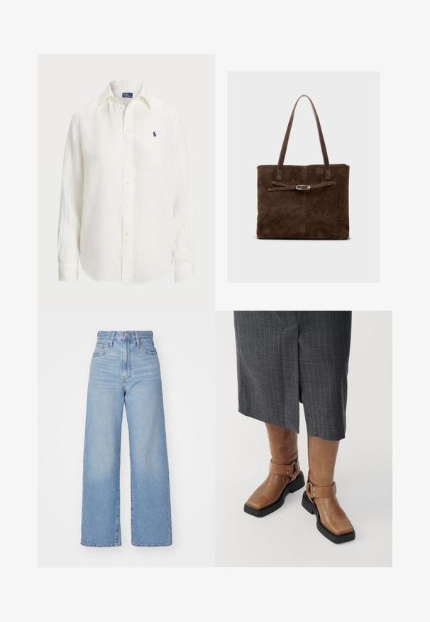 Balta liniška marškiniai su ilgomis rankovėmis, mygtukų užsegimu priekyje ir apykakle. Vientisą krūtinės dalyje puošia mažas mėlynas išsiuvinėtas logotipas.; Šviesiai mėlynos aukšto liemens plačios kojos džinsai su priekiniais užtrauktukais ir sagom, priekinėmis ir galinėmis kišenėmis, ant baltos fono.; Rudi odai odžemkrautės su kvadratiniais pirštais, juodu gumuotu padu ir reguliuojamu sagties akcentu. Dėvimi su pilka smailiu juostelių sijonu.; Ruda suedinė rankinė su ilgomis rankenomis, turinti plokščią kūną ir dekoratyvinį dirželį su sidabrinės spalvos detalėmis.