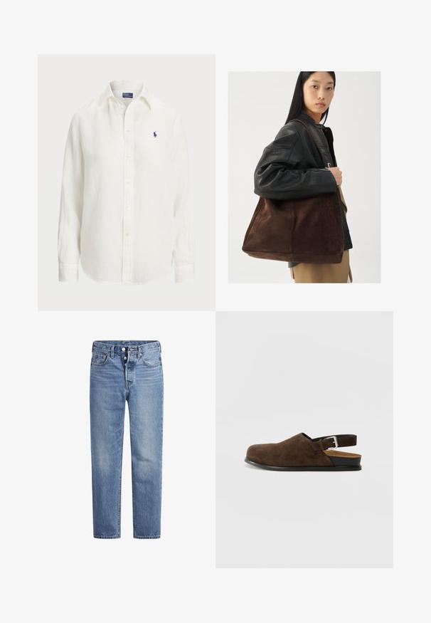 Hvid linnedskjorte med lange ærmer, knap-ned krave og knapper foran. Har et lille blåt broderet logo på brystet.; Lyseblå denimjeans med lige pasform, fem-lomme-design og knaplukning. Har subtile falmede detaljer og orange søm.; Brune ruskinds slip-on sko med lav hæl, en justerbar rem med en sølv spænde og en sort gummisål.; Brun ruskind tote taske med en bred form og blød tekstur, der har en enkelt strop og minimal hardware mod en neutral baggrund.