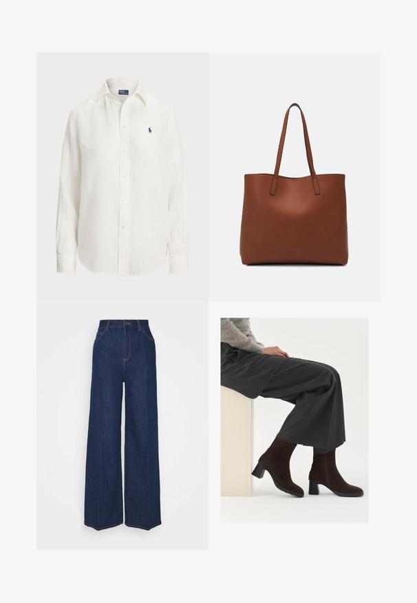 Biele ľanové tričko s dlhými rukávmi, košeľovým golierom a predným zapínaním na gombíky. Obsahuje malé modré vyšitú logo na hrudi.; Džíns s vysokým pásom a širokými nohavicami, tmavomodrej farby, s prednými a zadnými vreckami, zapínaním na gombík a viditeľnými švy.; Hnedé semišové kotníkové čižmy s blokovým podpätkom a bočným zipsom, kombinované so voľnými sivými nohavicami, posadené pri svetlej podstave.; Hnedá kožená taška na rameno s hladkou textúrou, otvoreným vrchom a dvoma ramenými popruhmi. Má minimálne šitia a žiadne viditeľné kovania.