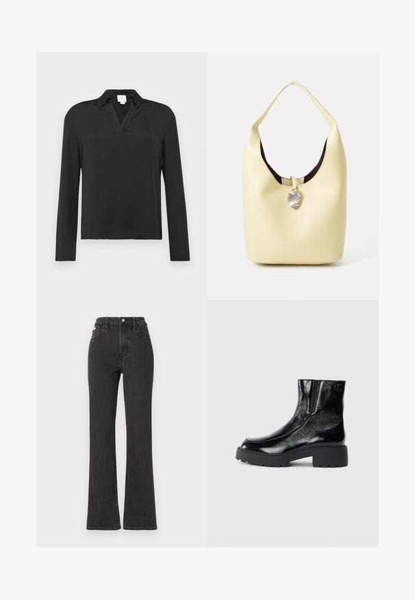 Čierna košeľa s dlhým rukávom z hladkej tkaniny, s výstrihom do V a voľným strihom. Jednoduchý dizajn bez viditeľných vzorov alebo akcentov.; Čierne džíny s vysokým pásom a rozšírenými nohavicami vyrobené z denimu, s gombíkovým zapínaním, pútkami na opasok a bočnými vreckami. Hladká textúra s minimálnym ošúchaním.; Čierne kotníkové topánky s lesklým patentným koženým povrchom, masívnou čiernou gumovou podrážkou a vyvýšeným podpätkom; na boku obsahujú jemný detail loga.; Hobo taška v jemnej žltej koži s okrúhlym tvarom. Disponuje hladkým povrchom, tmavou podšívkou a strieborným akcentom na uzávere.