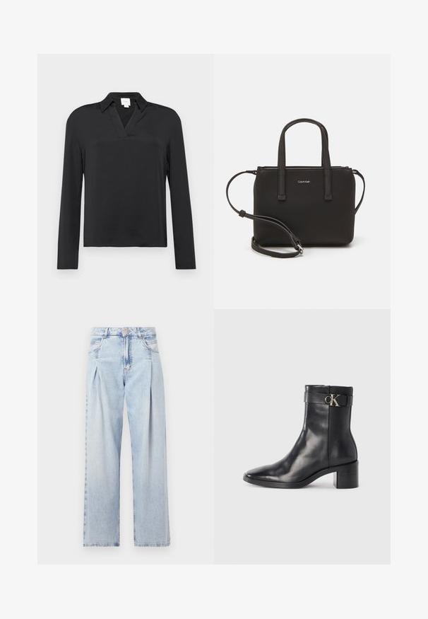 Schwarzes Langarmshirt aus glattem Stoff, mit abgesetztem Kragen und lockerer Passform. Einfaches Design ohne erkennbare Muster oder Akzente.; Helle blaue Denim-Jeans mit hoher Taille, weitem Beinschnitt, zwei seitlichen Taschen und gefaltetem Design. Weiche Textur mit einem ausgebleichten Finish.; Schwarze Leder-Ankle Boots mit spitzem Zehenbereich, Blockabsatz und einem Riemen mit einem metallischen Logodetail. Glatte Textur und minimales Design.; Schwarze Handtasche mit zwei kurzen, doppelt geflochtenen Griffen und einem abnehmbaren Schulterriemen. Glattes, lederähnliches Material mit einem Reißverschluss und Logodetail.