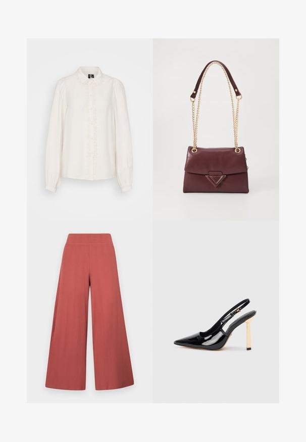 Fehér, hosszú ujjú blúz, galléros nyakkal, texturált anyagból, középső gombos záródással, virágos hímzéssel az elején.; Rozsdabarna színű, bőszárú nadrág, texturált, függőleges bordázatú anyagból készült. Magas, rugalmas derékpánttal rendelkezik.; Fekete lakkbőr pántos magassarkú cipő hegyes orral és aranyszínű négyzet sarkú díszítéssel. Állítható bokapánttal rendelkezik.; Burgundi bőr kézitáska hajtogatós fedéllel, arany lánc pánttal és háromszög alakú fémelemiséggel az elején. Simább textúra.