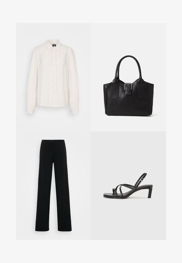 White long-sleeve blouse with a collared neckline, textured fabric, central button closure, and floral embroidery along the front.; Vero Moda Tall VMBERLIN ZAMIRA WIDE - Trousers - black; Black strappy sandal with a square toe and a low block heel. Features multiple thin straps and an adjustable ankle strap. Made of smooth leather.; Black leather tote bag with smooth texture, structured shape, two handles, and a prominent silver buckle detail on the front.