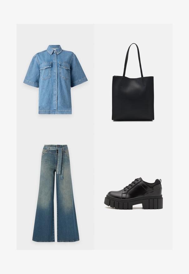 Kék farmer rövid ujjú ing, gallérral, két zsebbel a mellen és gombos zárással. Lazább fazonú, kopottas textúrával rendelkezik.; Bőszárú farmernadrág, világos és sötétkék árnyalatokkal, magas derekú, övgyűrűkkel és a nadrággal megegyező anyagú övvel. Textúrált farmer kivitel.; Fekete bőr platform cipők vaskos blokk sarkakkal, kerek orral és hagyományos fűzős kialakítással. Simára csiszolt felület és minimális részletezés jellemzi.; Fekete bőrtáska sima felszínnel, téglalap alakú, két hosszú füllel. Nincs látható fémkiegészítő vagy díszítés.