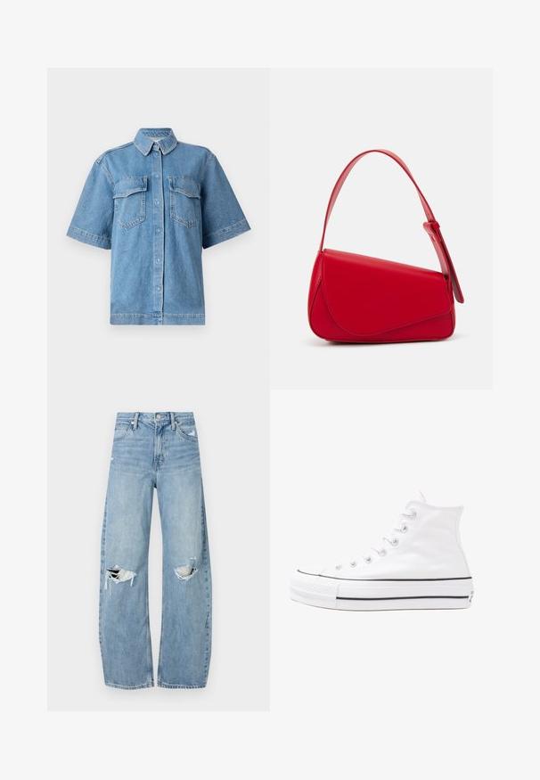 Mėlynas džinsinis marškinėliai su trumomis rankovėmis, apykakle, dviem krūtinės kišenėmis ir mygtukų uždarymu. Turi laisvą siluetą ir nublukusį tekstūrą.; Šviesiai mėlynos, aukštu juosmeniu džinsai pagaminti iš džinsinio audinio. Turi plačias kojų kelnes, dvi suplėšytas kelio vietas ir klasikinį penkių kišenių dizainą.; Balti aukštakulniai drobės sportbačiai su juodu guminio pado, priekinio guminio piršto dangteliu ir šešiais akytėmis raištams, pasižymintys švariu, minimalistiniu dizainu.; Raudona odinė rankinė su kampuota, geometrine forma. Pasižymi viena reguliuojama dirželiu ir dangteliu su siuvinėtais dekoracijomis.