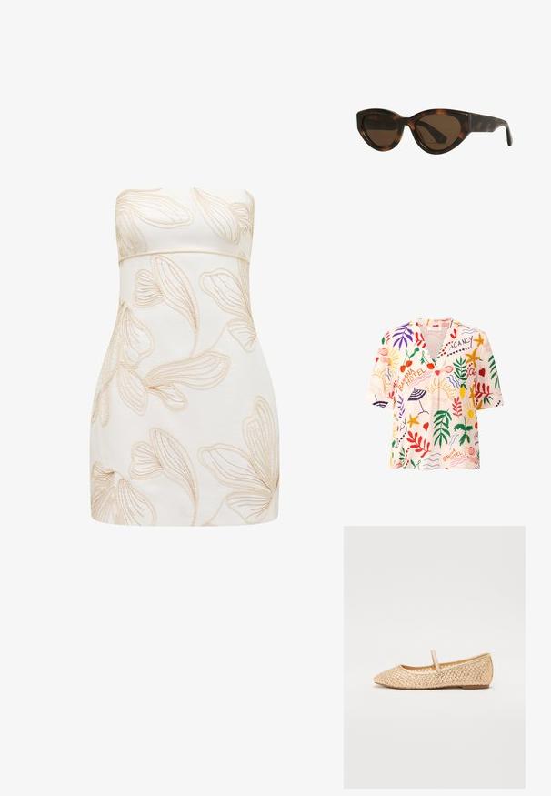 Blúzka s krátkym rukávom a výstrihom do V z ľahkého materiálu s farebným tropickým vzorom, ktorý obsahuje listy, ovocie a motívy slnka v červenej, zelenej a žltej farbe.; Bezramenné šaty v krémovej farbe s embosovanými kvetinovými vzormi v svetlej béžovej. Priliehavý strih, hladká textúra, dĺžka po kolená a bez viditeľných zapínaní.; Zlaté plátkové baletky s špicatou špičkou, plochou podrážkou a pásikom cez priehlavok. Vyrobené z horného materiálu so štruktúrovanými vzormi.; Mačacie slnečné okuliare v štýle tortoiseshell s hnedými šošovkami, s hladkými, lesklými plastovými rámami a elegantným dizajnom. Žiadne viditeľné logá ani akcenty.; Biela kabelka s textúrovanými, vlnitými ozdobami pripomínajúcimi mušle. Obsahuje tkanú rukoväť a strieborný reťazový popruh pre všestrannosť.